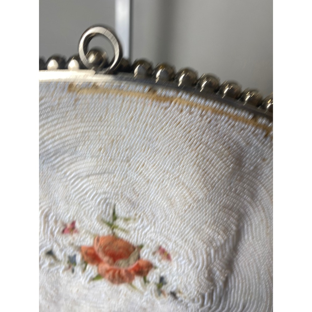 Vintage 1930's Floral Beaded Evening Bag Rhinestone Frame White Cream Purse - Picture 9 of 10